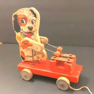 Vintage 1940s Fisher Price Merry Mutt Wooden Pull Behind Toy Musical Xylophone